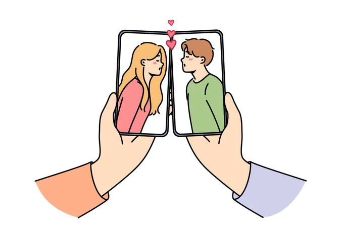 Kissing people in phone screens online dating and flirting through apps in smartphones  Illustration