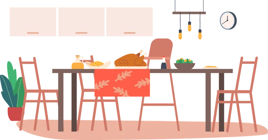 Kitchen Interior With Wooden Table  Illustration