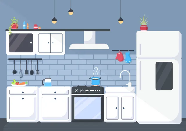 Kitchen Room Background Vector Illustration With Furniture Equipment And Interiors Modern Style In Flat Design Illustration