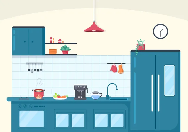 Kitchen Room Background Vector Illustration With Furniture Equipment And Interiors Modern Style In Flat Design 일러스트레이션