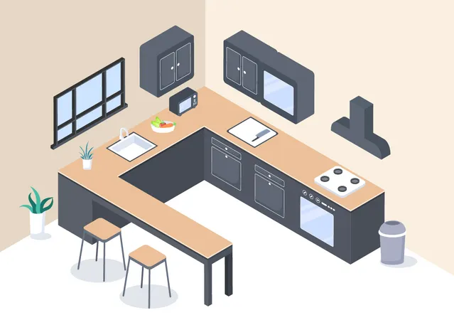 Kitchen Room Background Vector Illustration With Furniture Equipment And Interiors Modern Style In Flat Design Illustration