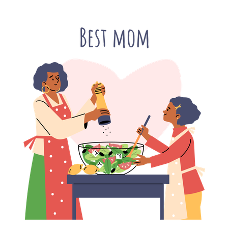 Kitchen where mom and daughter working together  Illustration