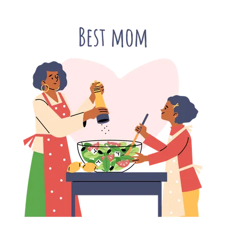 Kitchen where mom and daughter working together  Illustration