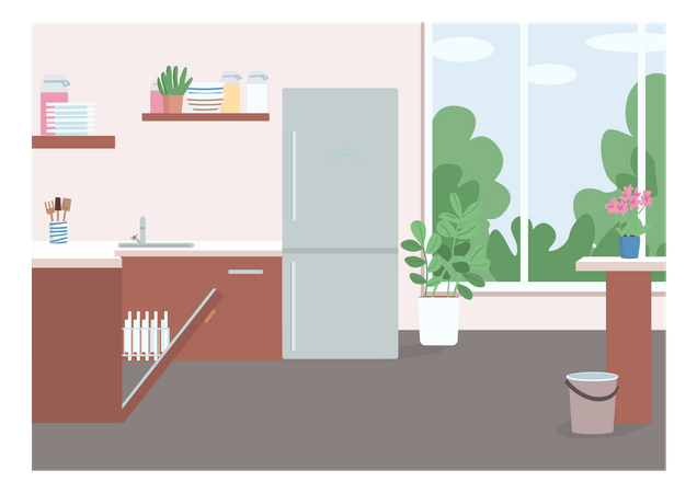 Kitchen with fridge and dish washer Illustration