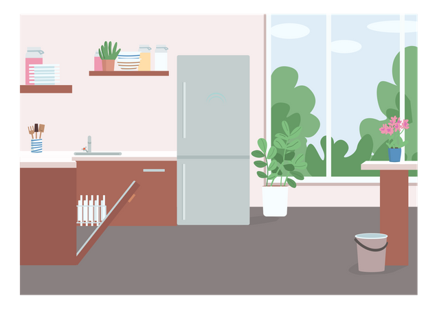 Kitchen with fridge and dish washer  Illustration