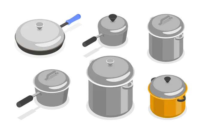 3 D Isometric Flat Vector Set Of Kitchenware Pans Pots And Saucepans イラスト