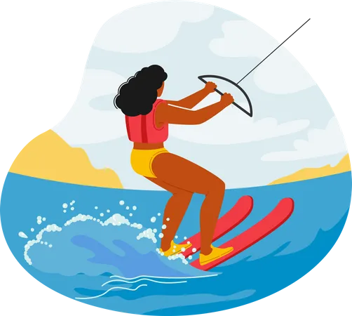 Kite Surfer Female Character Glides Over Waves Propelled By Wind And Kite Rider Executes Tricks And Maneuvers While Controlling Kite Board And Body Position Cartoon People Vector Illustration Illustration