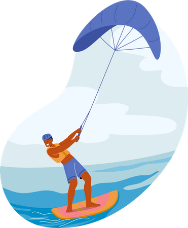 Kite Surfer masculino cavalgando nas ondas  Ilustração