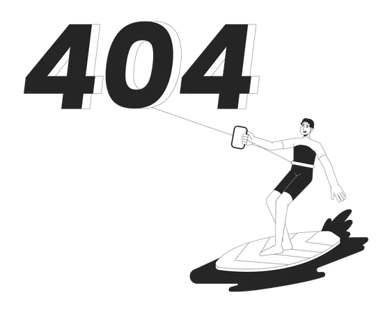 Kiteboarding Black White Error 404 Flash Message Watersport Recreation Surfer Riding With Kite Monochrome Empty State Ui Design Page Not Found Popup Cartoon Image Vector Flat Outline Illustration Illustration