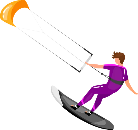 Kitesurfing Flat Vector Illustration Extreme Sports Experience Active Lifestyle Vacation Outdoor Activities Sportsman Balancing On Board With Kite Isolated Cartoon Character On White Background Illustration