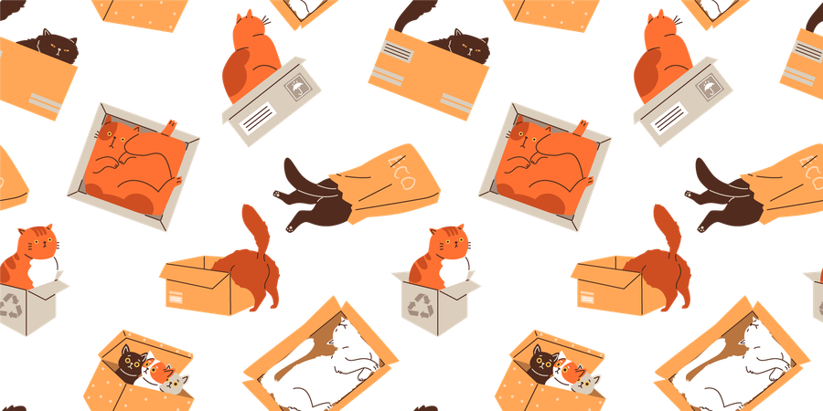 Kittens in various poses sleeping in cardboard boxes and paper  Illustration