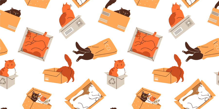 Kittens in various poses sleeping in cardboard boxes and paper  Illustration