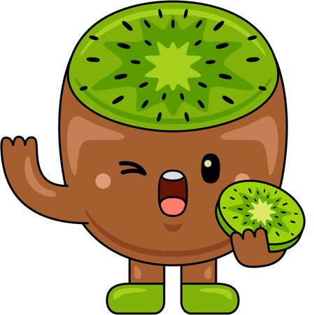 Mascote Kiwi segurando uma fatia de Kiwi  Ilustração