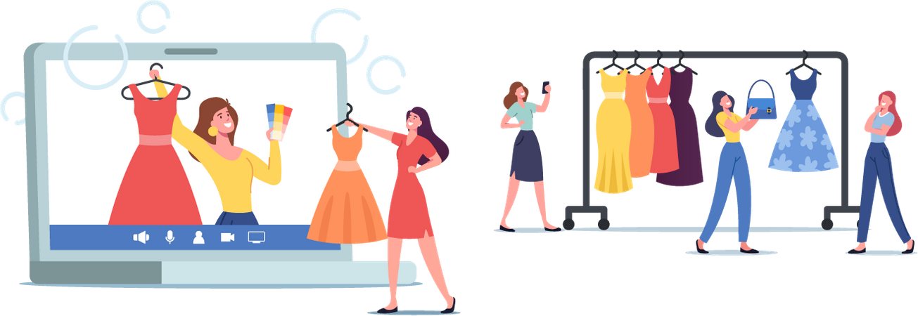Kleiderschrankberaterin berät Frauen am Laptop-Bildschirm zu Designfragen und zur Kleidung ihrer Kunden  Illustration