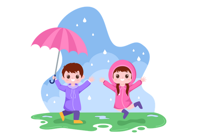 Kleine Jungen und Mädchen spielen im Regen  Illustration