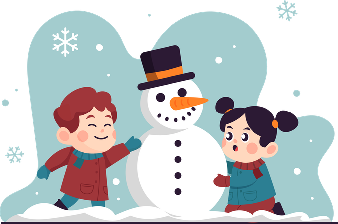 Kleine Kinder bauen einen Schneemann  Illustration