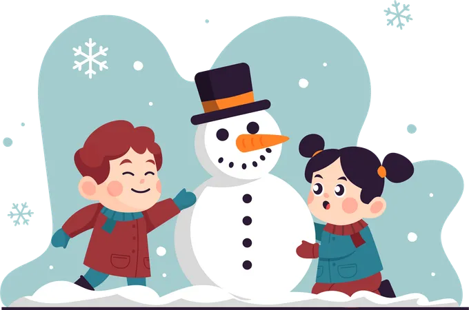 Kleine Kinder bauen einen Schneemann  Illustration