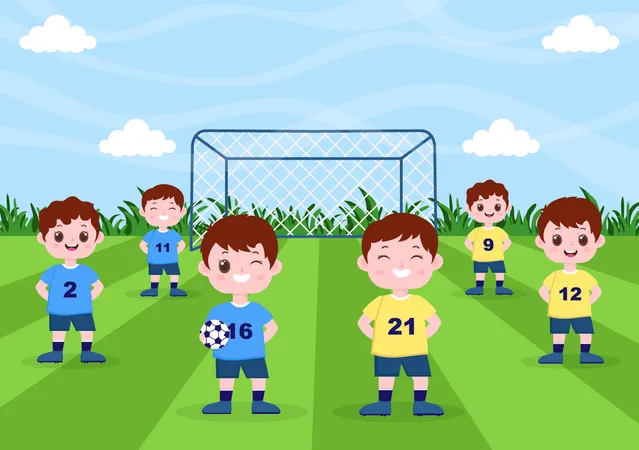 Kleine Kinder bereiten sich auf ein Fußballspiel vor  Illustration