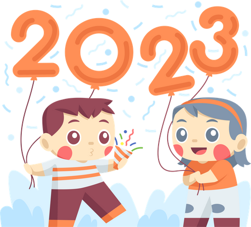 Kleine Kinder feiern Neujahr 2023  Illustration