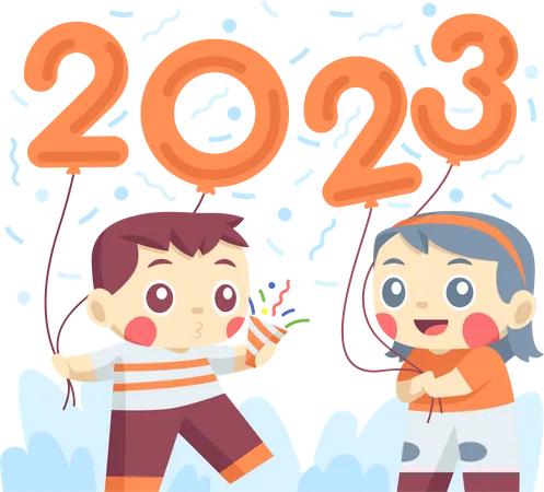 Kleine Kinder feiern Neujahr 2023  Illustration