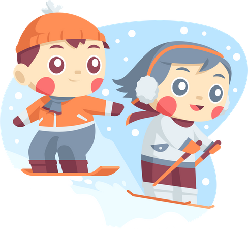 Kleine Kinder haben Spaß beim Skifahren im Winter  Illustration