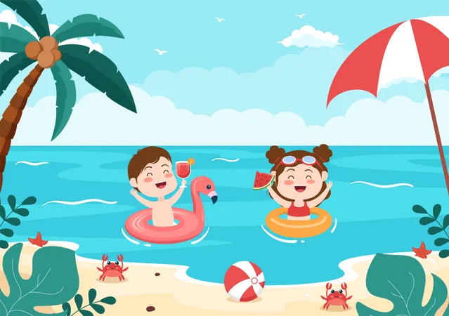 Kleine Kinder schwimmen im Meer  Illustration