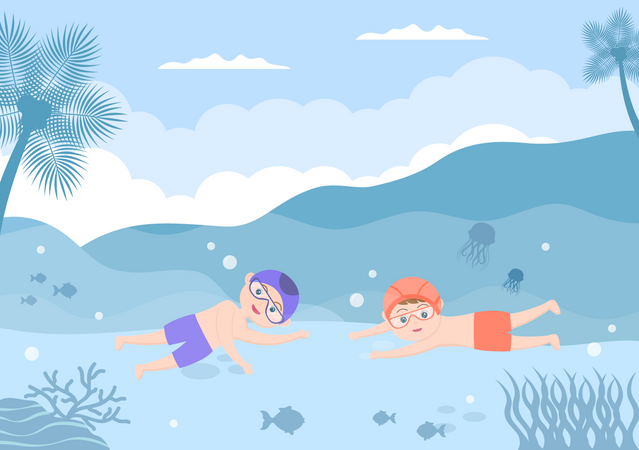 Kleine Kinder schwimmen unter Wasser  Illustration