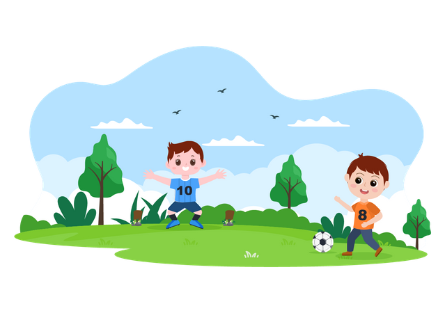 Kleine Kinder spielen Fußball im Boden  Illustration