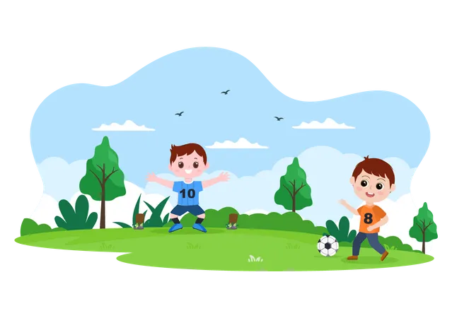 Kleine Kinder spielen Fußball im Boden  Illustration