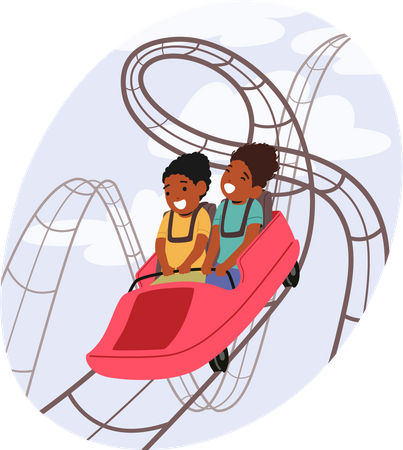 Kleine Kinderfiguren fahren Achterbahn im Vergnügungspark  Illustration