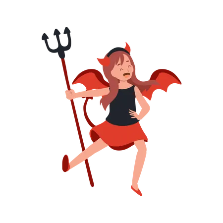 Kleine süße Frau im Halloween-Kostüm als roter Teufel  Illustration