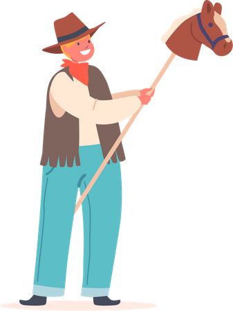 Kleiner Cowboy mit Spielzeugpferd am Stock  Illustration