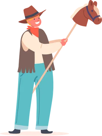 Kleiner Cowboy mit Spielzeugpferd am Stock  Illustration