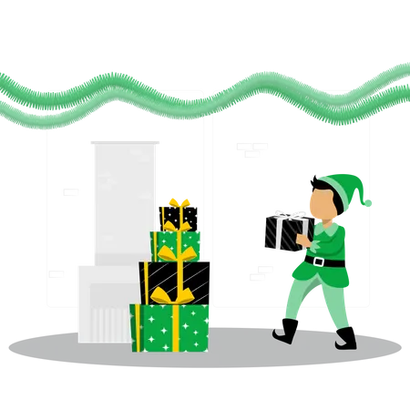 Kleiner Elf mit Weihnachtsgeschenk  Illustration