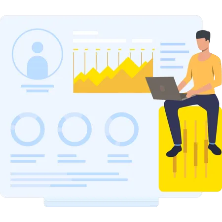 Kleiner Junge arbeitet am Laptop an der Datenanalyse  Illustration