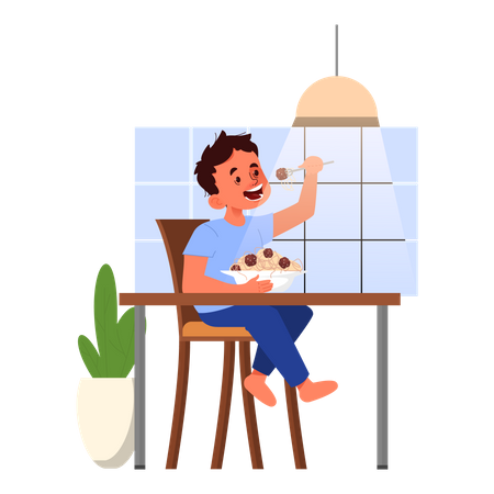 Kleiner Junge beim Abendessen nach der Schule  Illustration