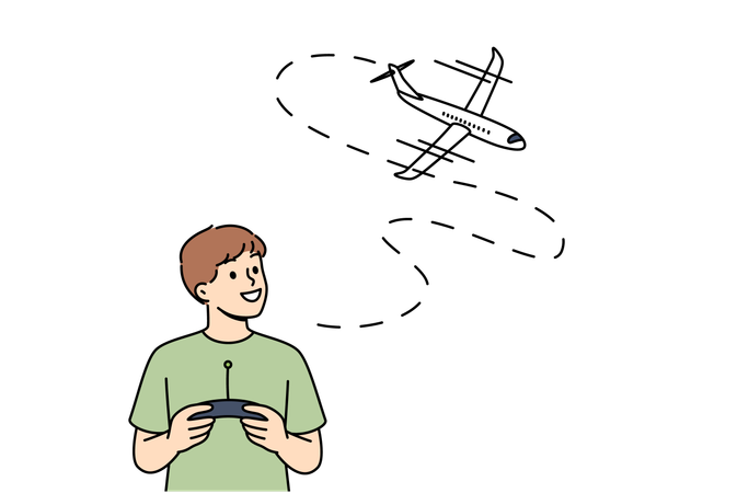 Kleiner Junge nutzt ferngesteuertes Flugzeug und lächelt freudig über das Erscheinen seines neuen Spielzeugs  Illustration