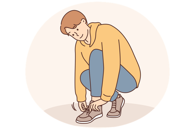 Kleiner Junge bindet Schnürsenkel an seinen Schuh  Illustration