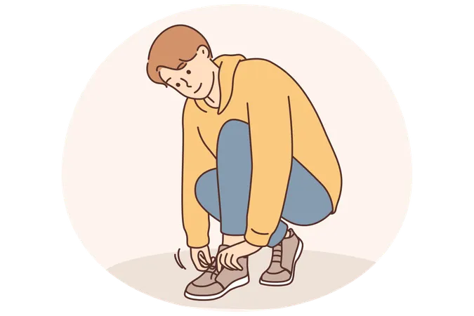 Kleiner Junge bindet Schnürsenkel an seinen Schuh  Illustration