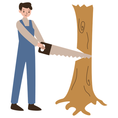 Kleiner Junge fällt mit Handsäge einen Baum  Illustration