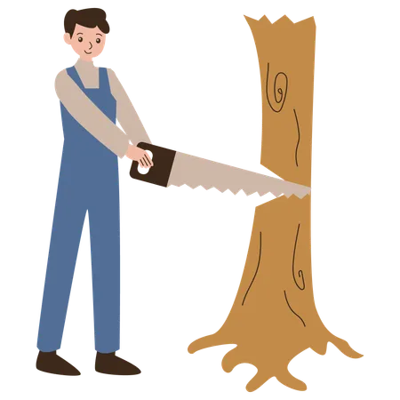 Kleiner Junge fällt mit Handsäge einen Baum  Illustration