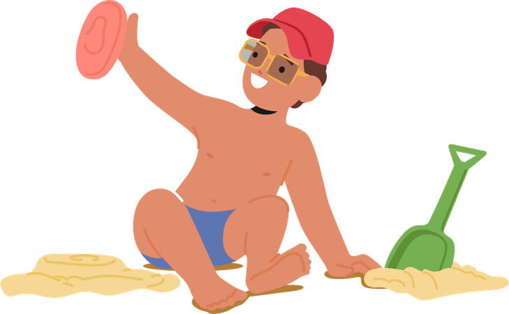 Kleiner Junge genießt sonnigen Tag am Strand  Illustration