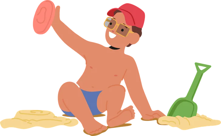 Kleiner Junge genießt sonnigen Tag am Strand  Illustration