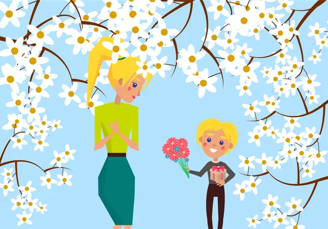 Kleiner Junge gibt seiner Mutter einen Blumenstrauß  Illustration