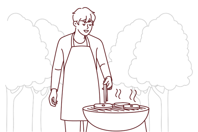 Kleiner Junge grillt Schweinefleisch  Illustration