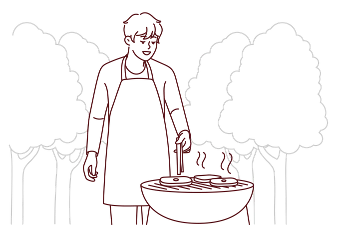 Kleiner Junge grillt Schweinefleisch  Illustration