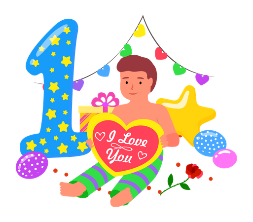 Kleiner Junge hält Herz und feiert seinen 1. Geburtstag  Illustration