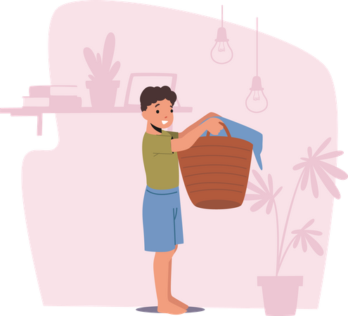 Kleiner Junge hält Korb mit Wäsche bereit zum Waschen in der Wäscherei  Illustration