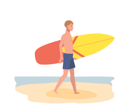 Kleiner Junge mit Surfbrett am Strand  Illustration