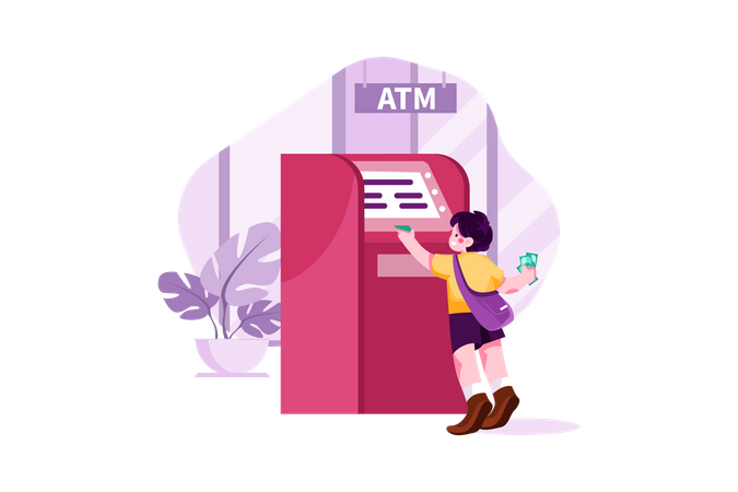 Kleiner Junge holt Geld am Geldautomaten  Illustration